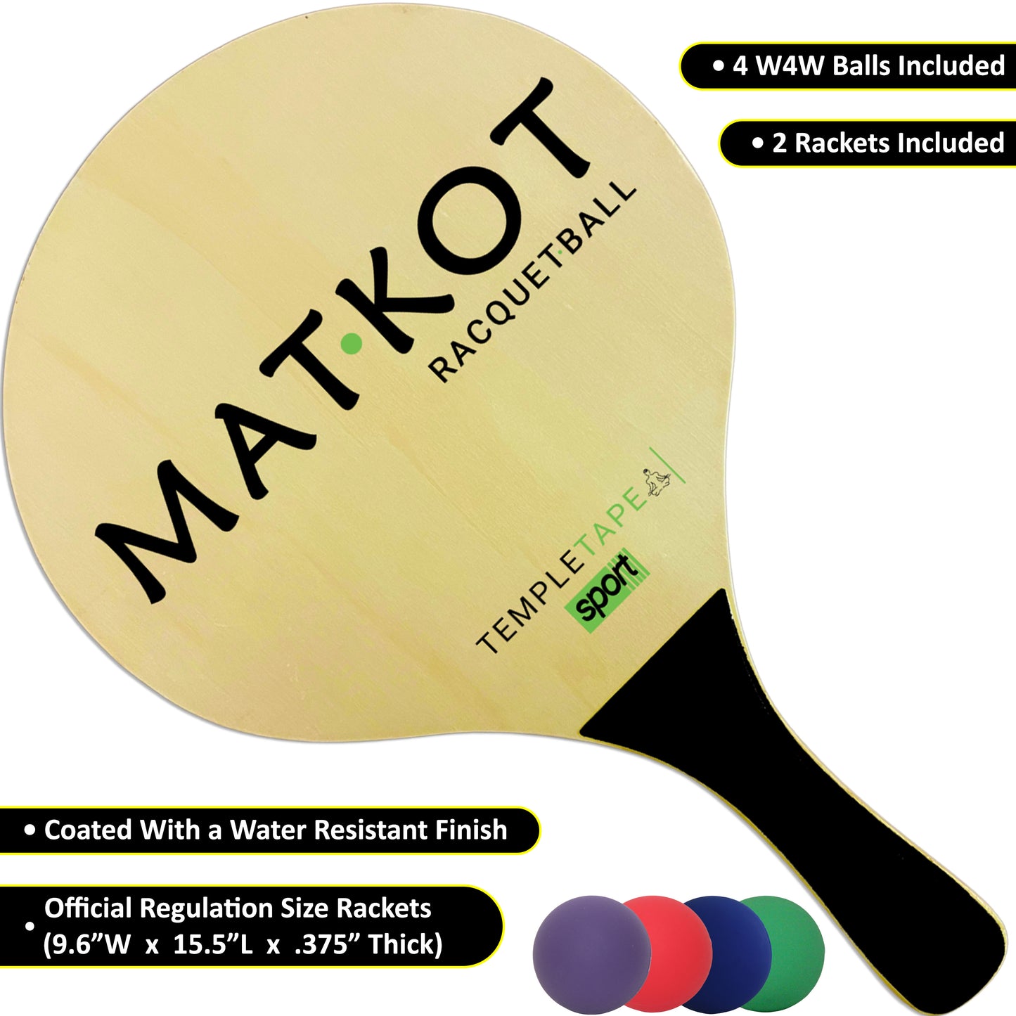 W4W Kadima Beach Paddle Ball Racket Set - Bundle Pack Includes 4 Balls & 2 Paddles - Natural - Ages 15+
