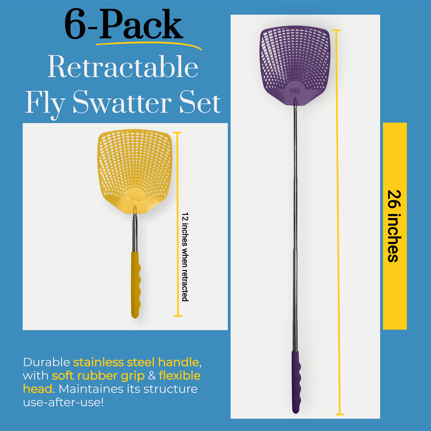 #original_alt_text# - Bug & Fly Swatter – Retractable Extra Long Extendable Handle 6 Pack Fly Swatters – Indoor/Outdoor – Pest Control flyswatter - TempleTape.com                                 