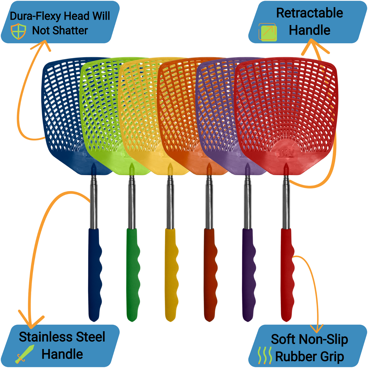 #original_alt_text# - Bug & Fly Swatter – Retractable Extra Long Extendable Handle 6 Pack Fly Swatters – Indoor/Outdoor – Pest Control flyswatter - TempleTape.com                                 