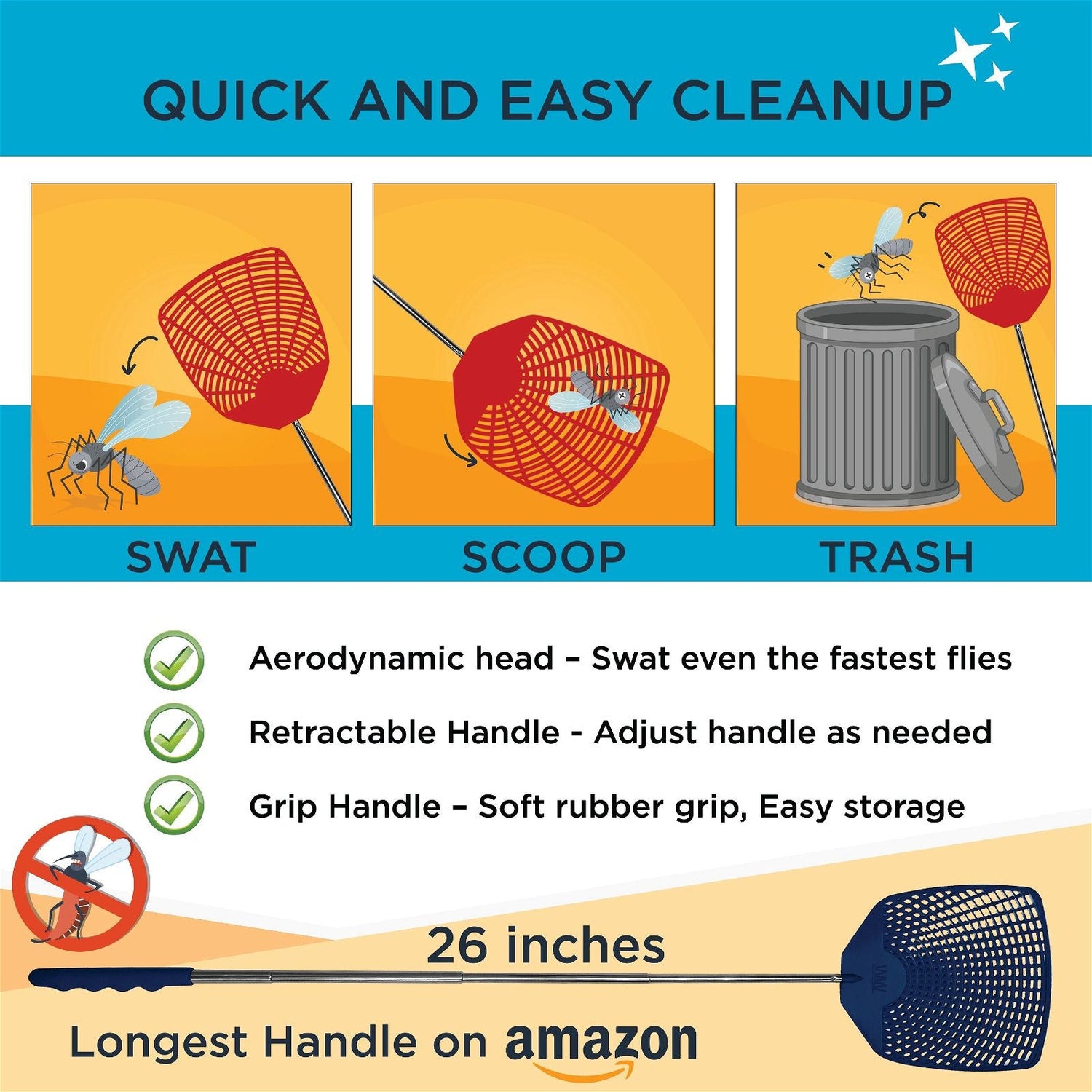 #original_alt_text# - Bug & Fly Swatter – Retractable Extra Long Extendable Handle 6 Pack Fly Swatters – Indoor/Outdoor – Pest Control flyswatter - TempleTape.com                                 