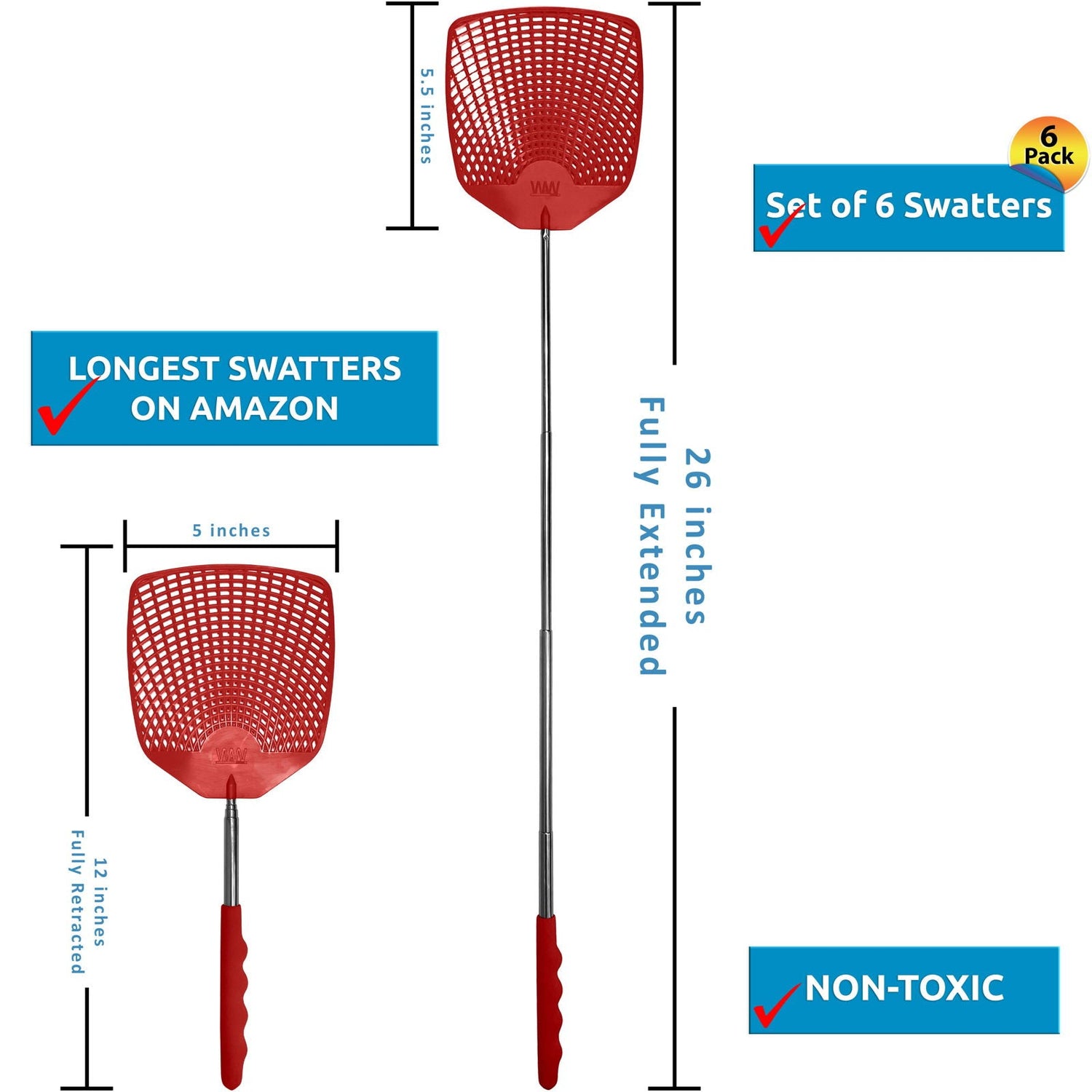 #original_alt_text# - Bug & Fly Swatter – Retractable Extra Long Extendable Handle 6 Pack Fly Swatters – Indoor/Outdoor – Pest Control flyswatter - TempleTape.com                                 