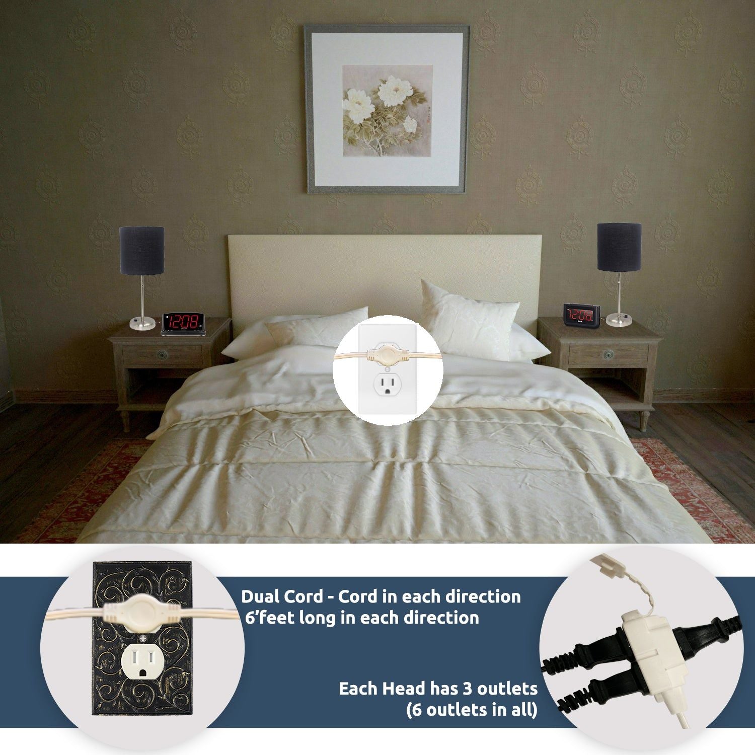 Twin Head Double Extension Cord for Home Office & Behind the Bed & Sofa (USA only) - W4W Products 