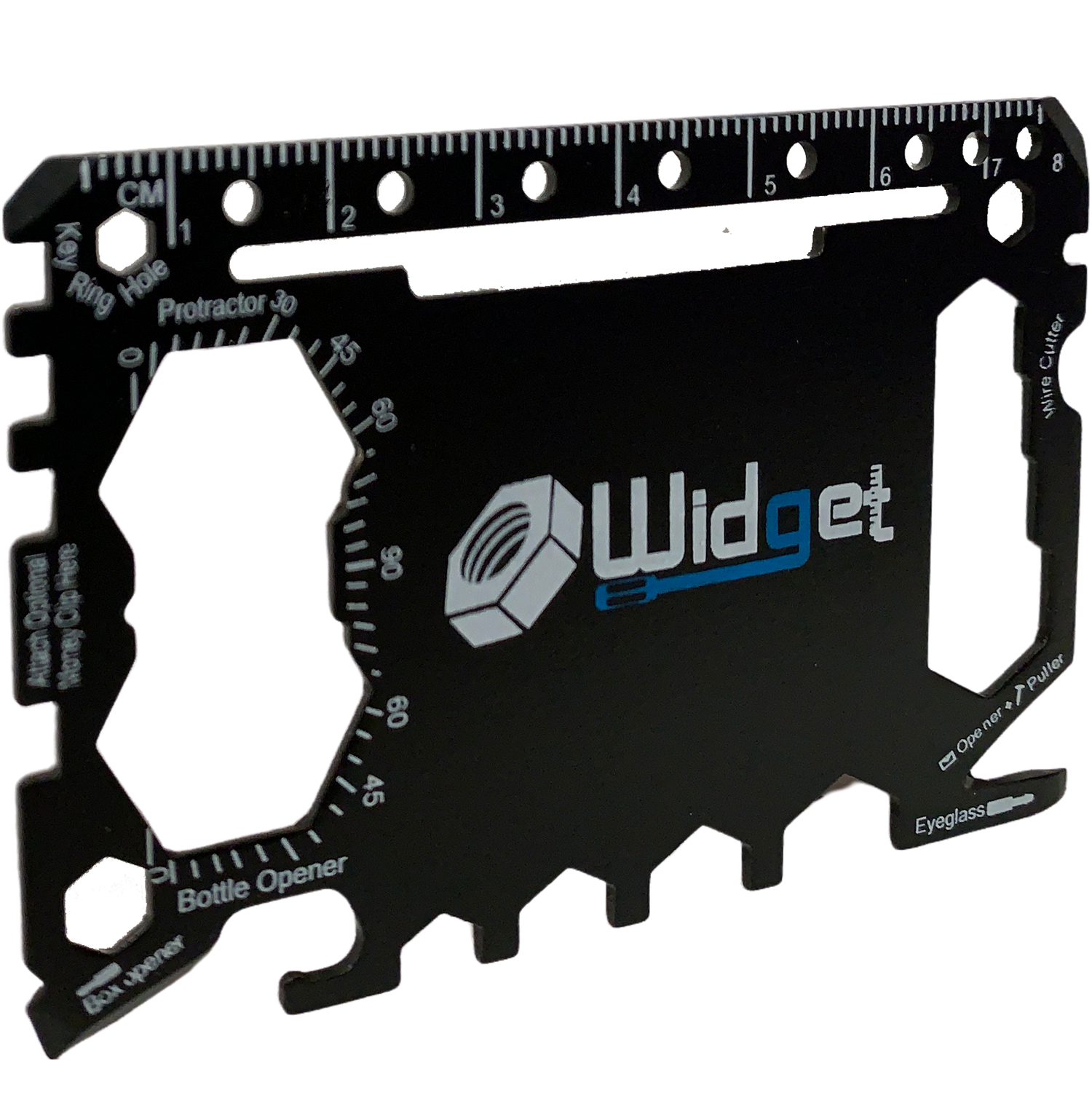The WIDGET 43-in-1 Wallet Multi-Tool is more than meets the eye! with 43+ mini tools, you will never be left unprepared. Watch this video to see all of the tools in action! The WIDGET includes tools such as: 3x Screw Drivers ( Phillip & Flatehead), Box Cutter/ Blade, Bottle Opener, 2x Ruler (cm/in), Can Opener, Cell Phone Mount, Nail Puller, Eye Glasses Screw Driver, M2 Hex Wrench, 4x Open Hex Wrench (M3,M4,M5,M6), 4x Closed Hex Wrench (7/16, 3/8, 11/32, 5/16), M1.6 Hex Wrench, Butterfly Wrench, 4x Spoke Keys (.127, .130, .136, .156), 9/16" Hex Wrench, Protractor, 15mm Hex Wrench, M2.5 Hex Wrench, 8x Dividers (D1cm-12cm), Key Ring hole, *Money clip (*Money Clip version only) and more