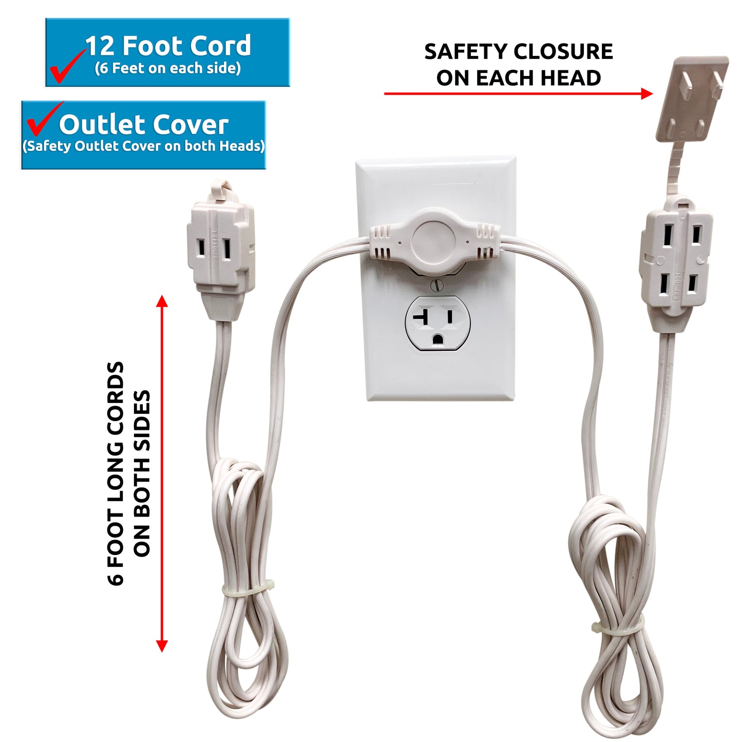 Twin Head Double Extension Cord for Home Office & Behind the Bed & Sofa (USA only)