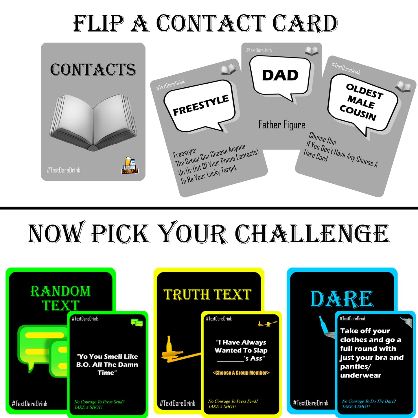 Liquid Courage – Hilarious, Fun Adult Drinking Card Game for Parties Text - Dare - Drink + Bonus 90 Card Expansion Pack
